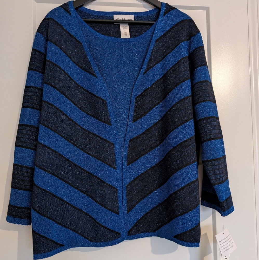 Alfred Dunner Blue and Black Chevron Cardigan Sweater